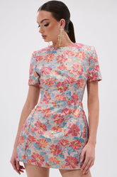 PRETTY IN PINK BROCADE BEADED MINI DRESS