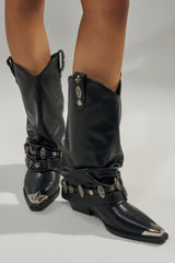 AZALEA WANG ASHRAF BLACK PU SILVER HARDWARE WESTERN BOOTIE