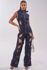 BRING THE ENERGY CUT OUT DENIM JUMPSUIT