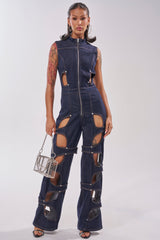 BRING THE ENERGY CUT OUT DENIM JUMPSUIT