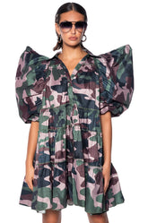 RUFFLE SLEEVE CAMO PRINT TRAPEZE MINI DRESS