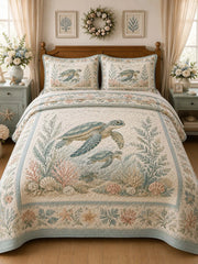 Vintage Nautical Ocean Turtle Seagrass Floral 3‐Piece Quilted Bedding Set