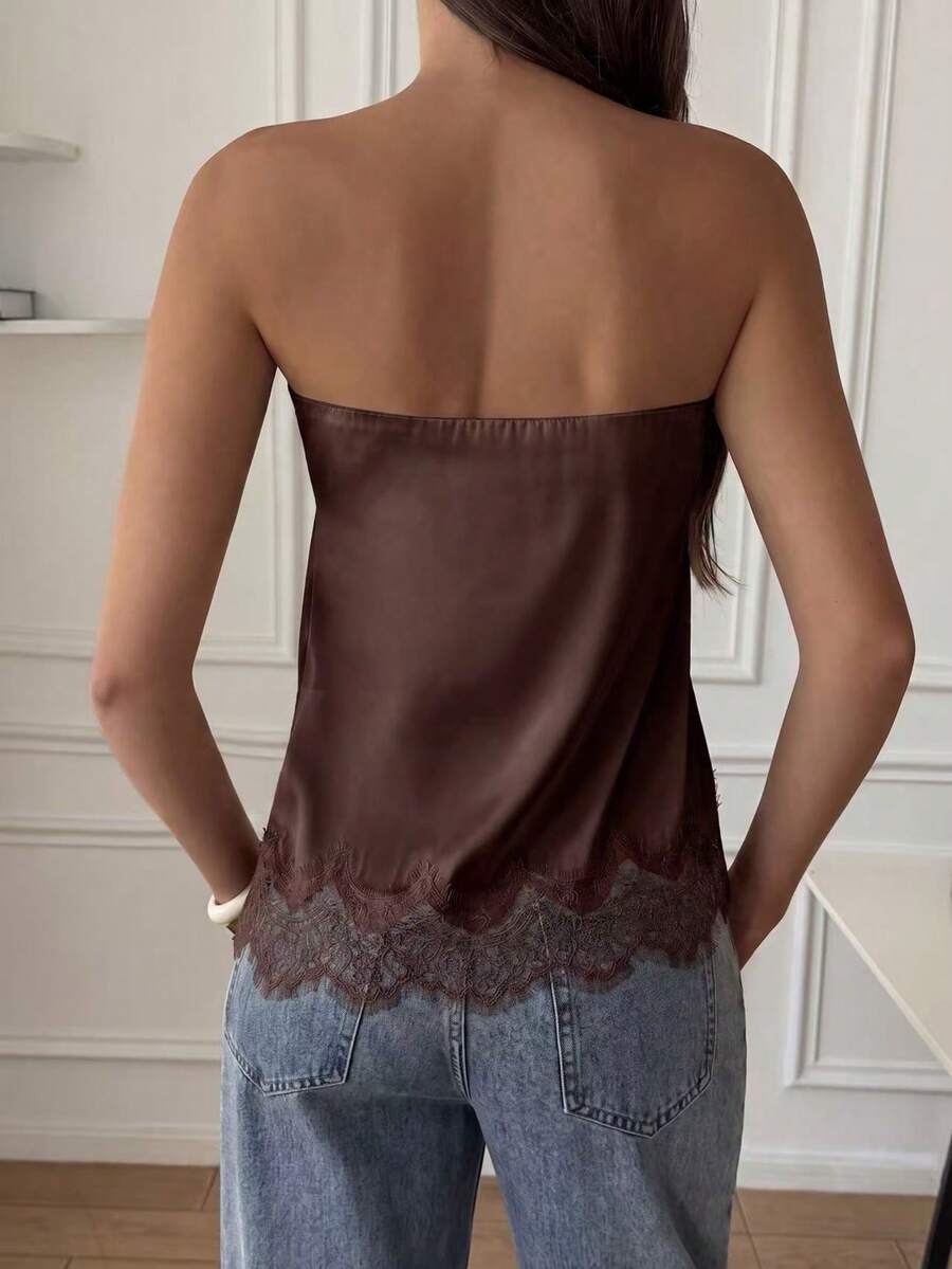 French Satin Lace Patchwork Hem Elegant Sexy Bandeau Top, Beach Vacation, Travel Outfit Summer