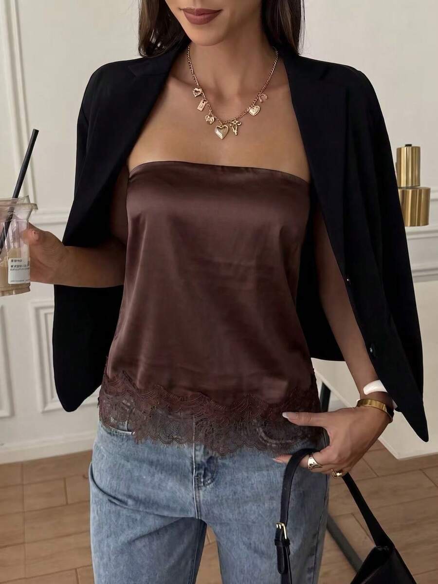 French Satin Lace Patchwork Hem Elegant Sexy Bandeau Top, Beach Vacation, Travel Outfit Summer