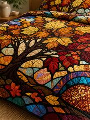 Autumn Tree of Life Quilted 3-Piece Bedding Set – Stained Glass Harvest Quilted Bedding With Matching Pillow Shams
