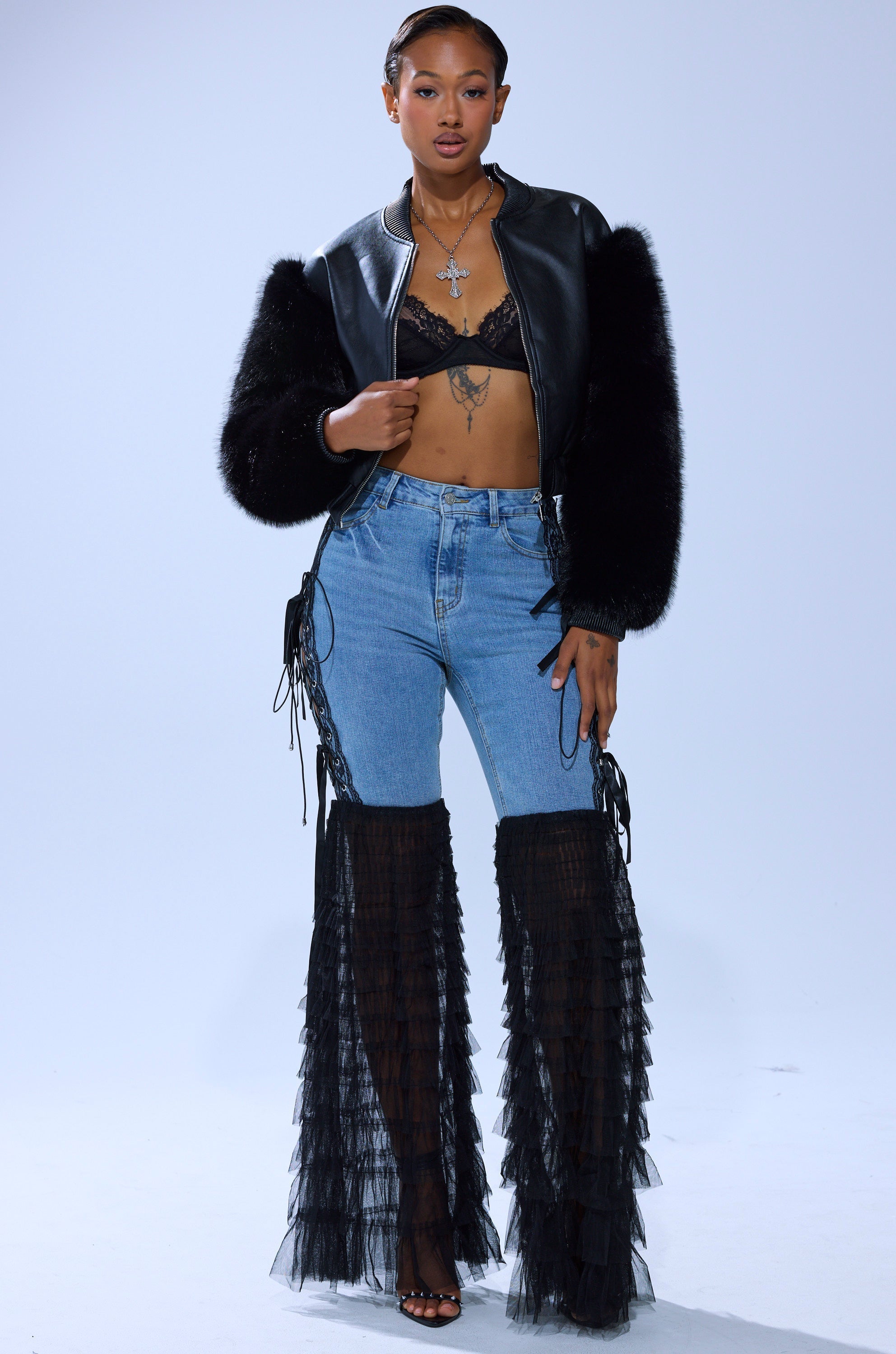 CAN'T DECIDE TULLE AND LACE DENIM JEANS