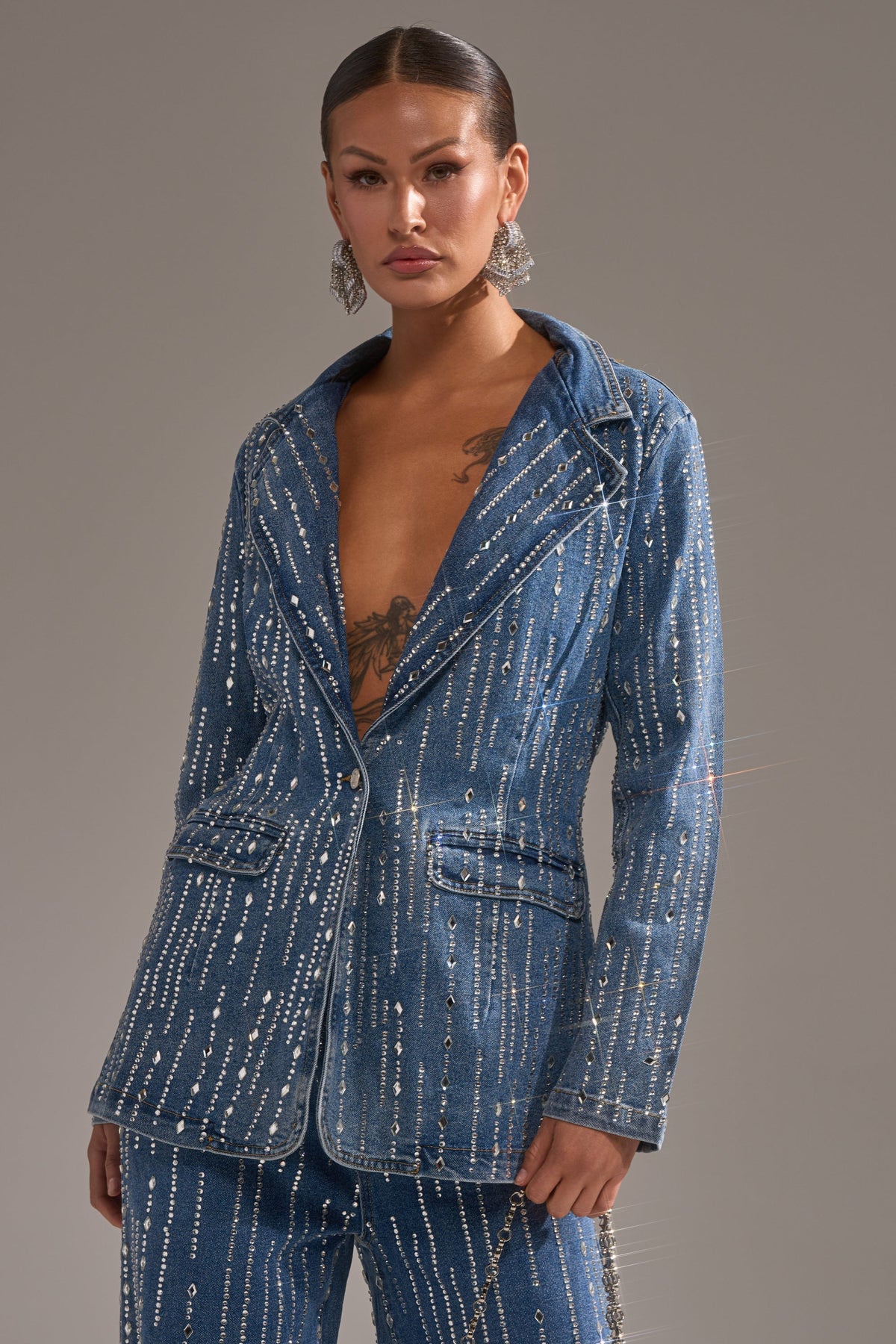 NEVER COME DOWN RHINESTONE DENIM BLAZER