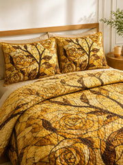 Golden Rose Quilted 3-Piece Bedding Set – Vintage Stained Glass Quilted Bedding With Matching Pillow Shams