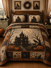 Vintage Halloween Manor Crow Black Cat Patchwork 3‐Piece Quilted Bedding Set