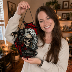 🦇💀Gothic Skull & Bat “My Happy Place” Hanging Art — Mood-Responsive Hair Effect Wall Decor✨