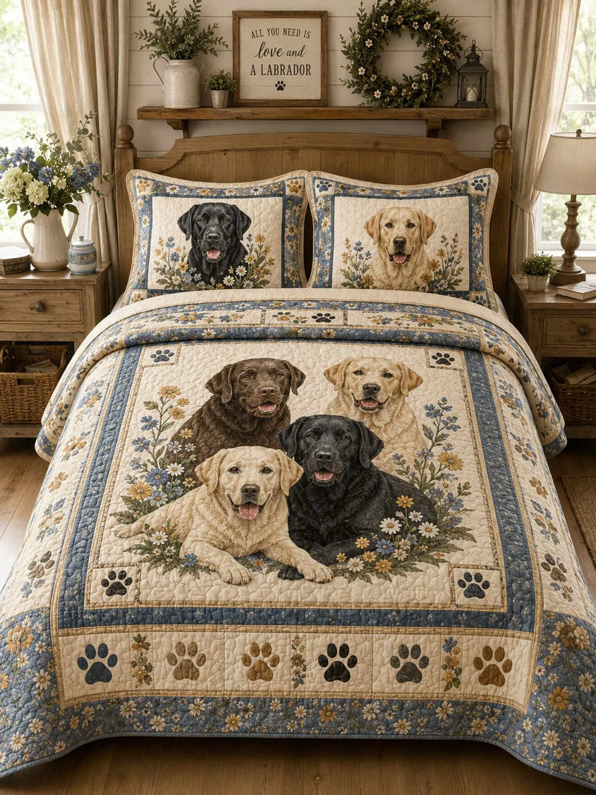 Paw‐Print Labrador Rustic Floral 3‐Piece Quilted Bedding Set
