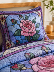 Stained Glass Rose Quilted 3-Piece Bedding Set – Vintage Cottage Garden Quilted Bedding With Matching Pillow Shams