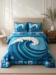 Ocean Wave Quilted 3-Piece Bedding Set – Coastal Inspired Quilted Bedding With Matching Pillow Shams