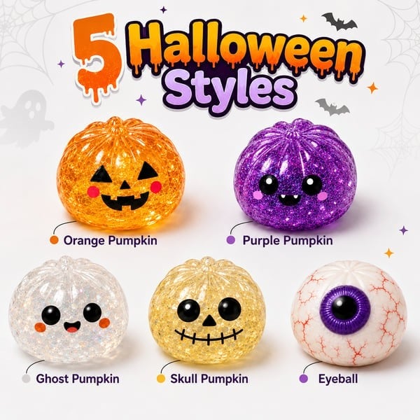 🎃 Halloween Squishy Squeeze Toy – 5 Styles Soft Pumpkin & Eyeball Fidget Toys 👻-V