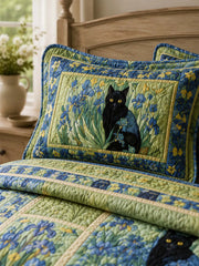 Blue Iris Cat Garden Quilted 3-Piece Bedding Set
