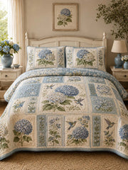 Blue Hydrangea Quilted 3-Piece Bedding Set – Classic Americana Quilted Bedding With Matching Pillow Shams