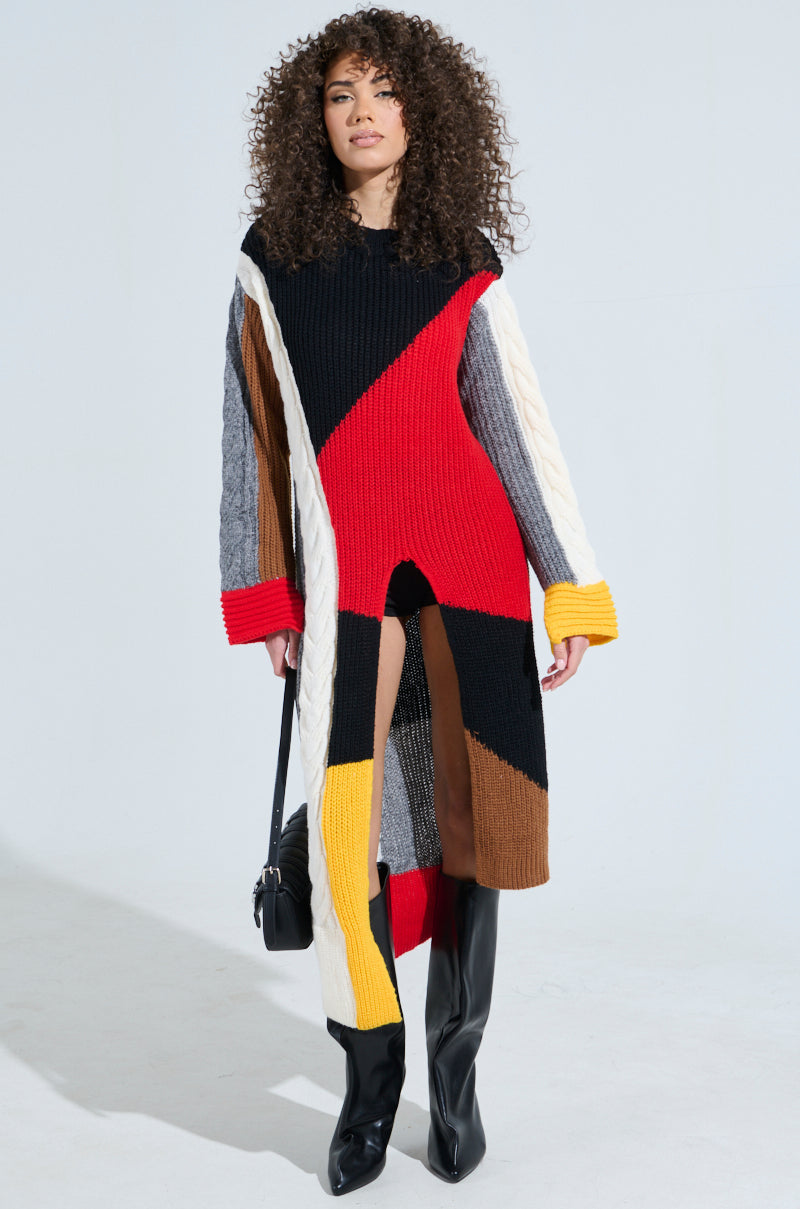 MIXED PATTERN LONG SLEEVE SWEATER DRESS