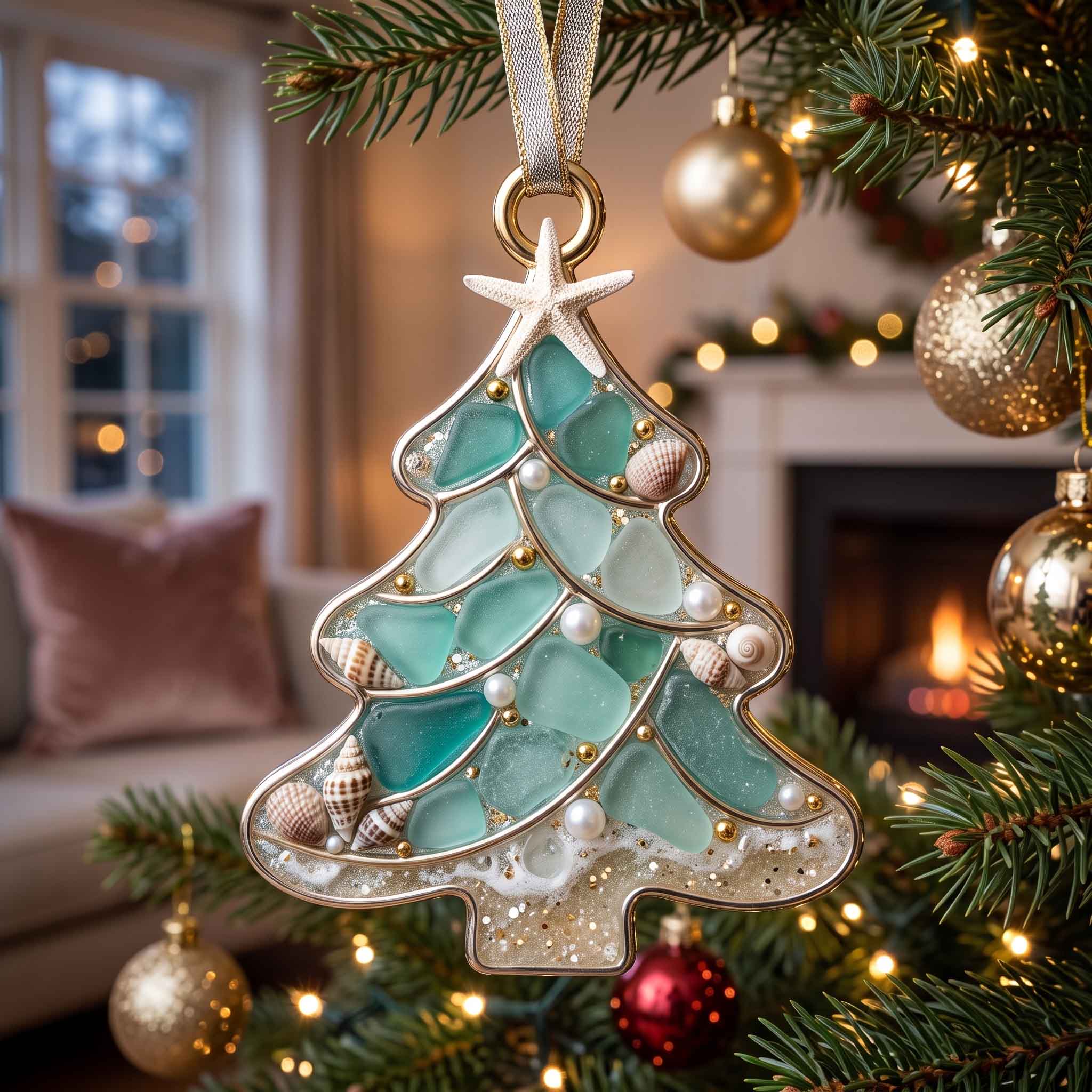 Sea Glass Evergreen Christmas Mica Ornament