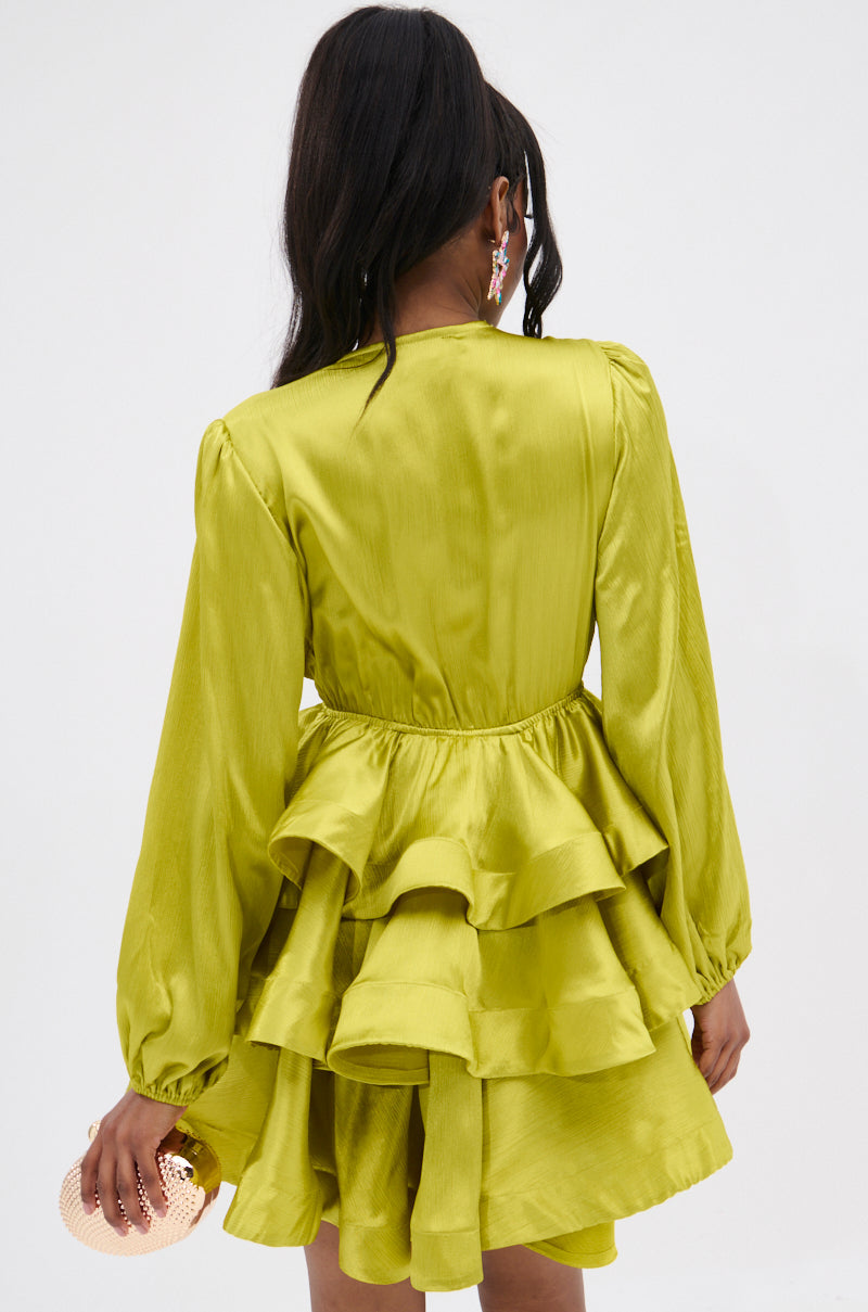 ARIANA SATIN RUFFLED MINI DRESS IN GREEN