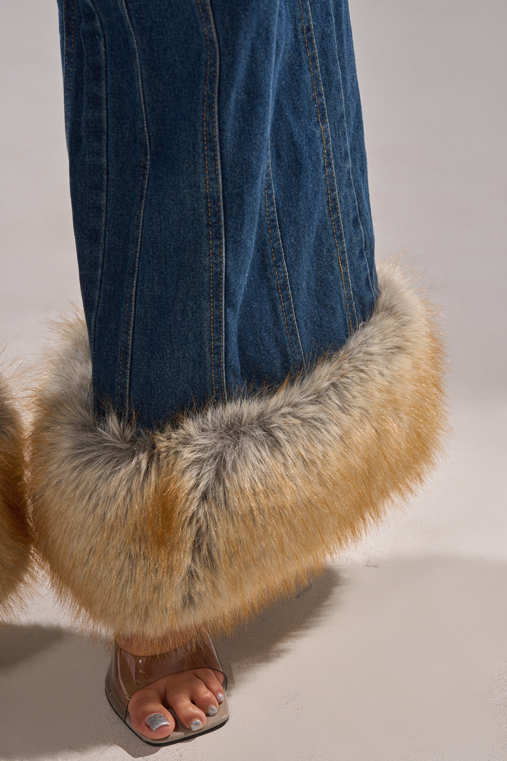 LENNOX DENIM JUMPSUIT WITH FUR ACCENTS