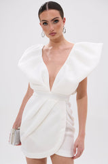 IRREPLACEABLE RUFFLE SLEEVE TULIP HEM MINI DRESS IN WHITE