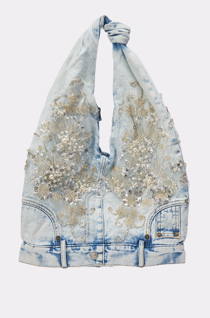 BLESSING IN DENIM EMBELLISHED SHOULDER BAG