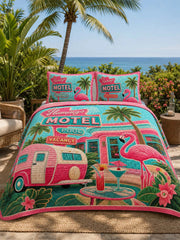 Flamingo Motel Tropical Paradise Quilted 3-Piece Bedding Set