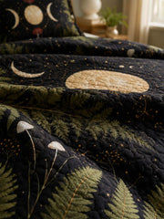 Moonlit Mushroom Forest Quilted 3-Piece Bedding Set – Dark Botanical Quilted Bedding With Matching Pillow Shams