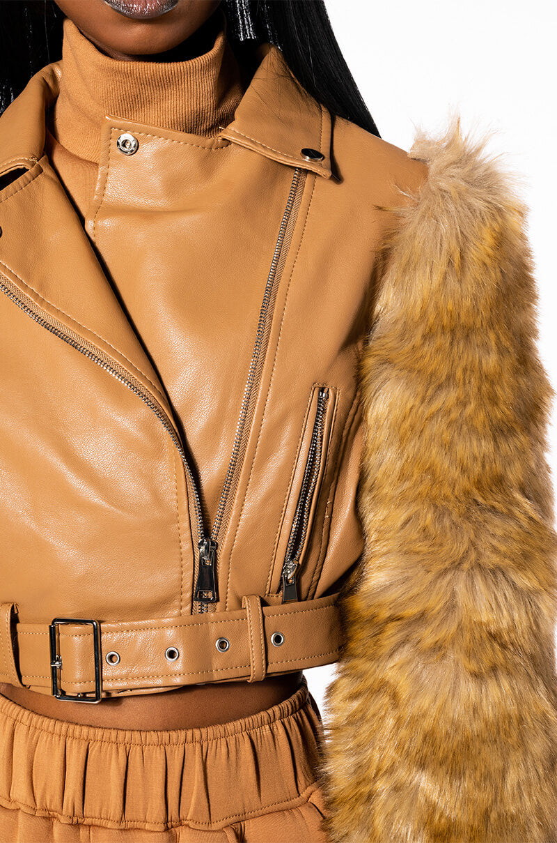 AZALEA WANG NOLLIE FAUX FUR ARMS MOTO JACKET