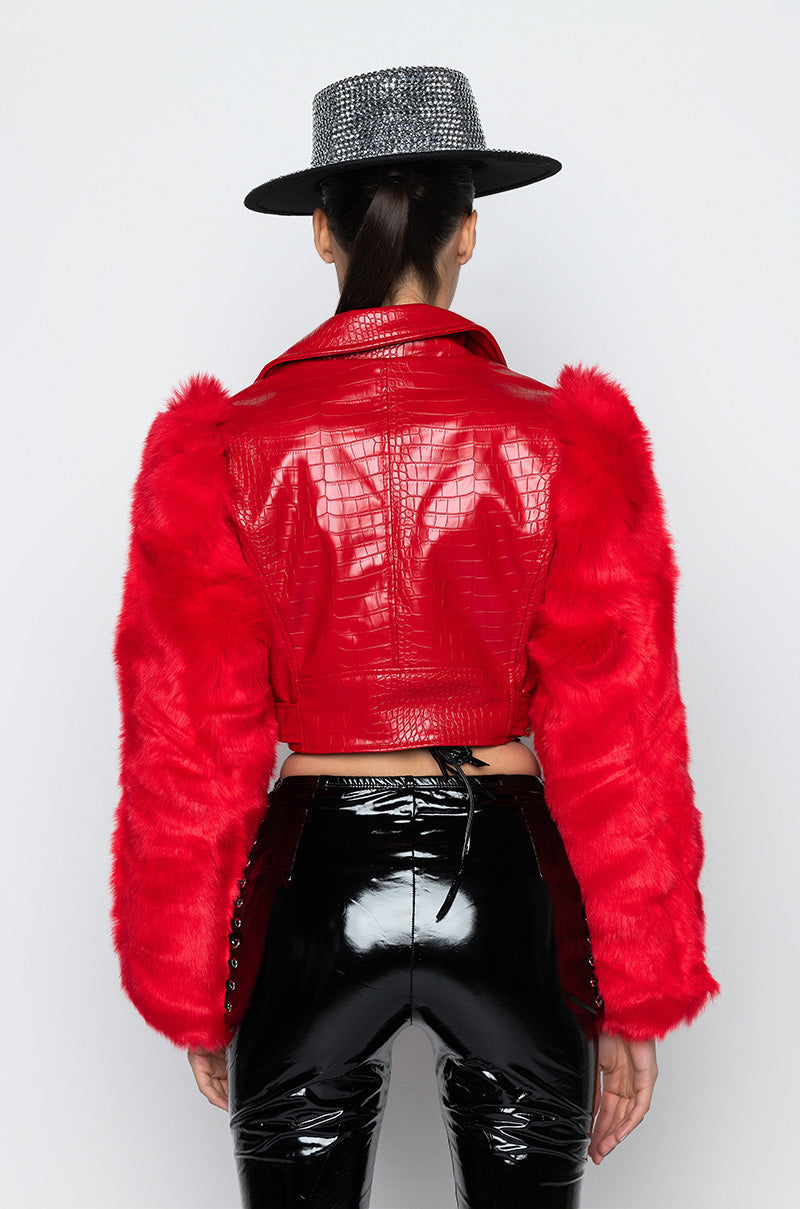 AZALEA WANG RED NOLLA FAUX FUR ARMS CROC MOTO JACKET