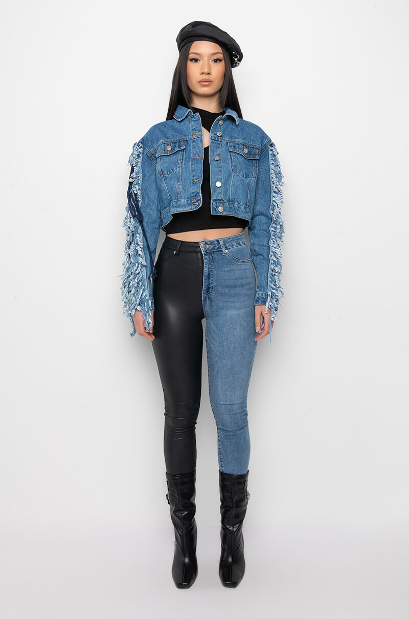 AZALEA WANG RINNA LACE UP FRINGE DENIM JACKET