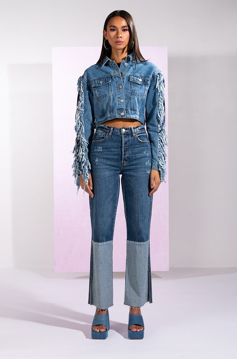 AZALEA WANG RINNA LACE UP FRINGE DENIM JACKET