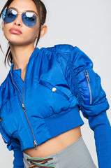 BABBS SKINNY ARM BOMBER JACKET IN BLACK BLUE