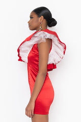 BACKOFF POWER SHOULDER SATIN MINI DRESS RED