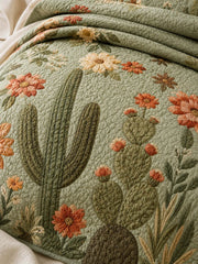 Cactus Garden Floral Quilted 3-Piece Bedding Set – Vintage Desert Style Quilted Bedding with Matching Pillow Shams