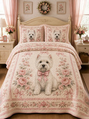 Vintage Westie Rose Bow 3‐Piece Quilted Bedding Set