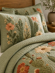 Cactus Garden Floral Quilted 3-Piece Bedding Set – Vintage Desert Style Quilted Bedding with Matching Pillow Shams