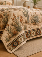 Desert Cactus Quilted 3-Piece Bedding Set – Natural Farmhouse Quilted Bedding with Matching Pillow Shams