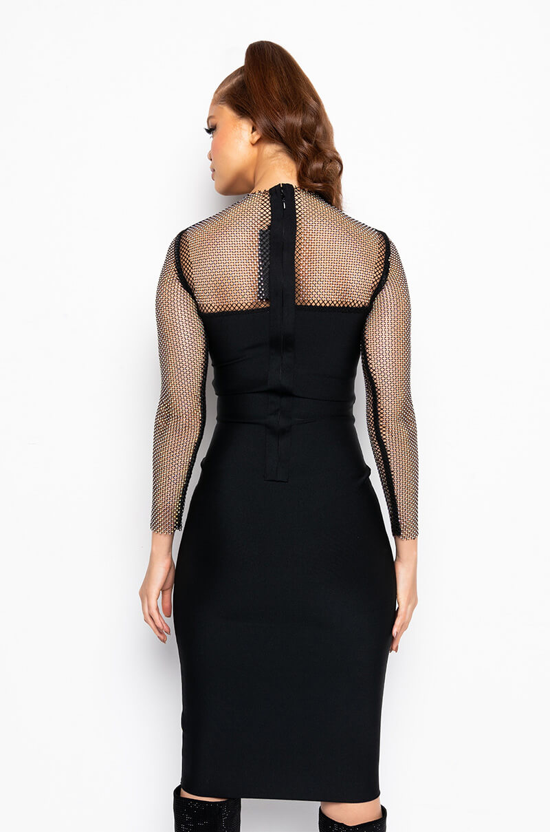DRESS TO IMPRESS BANDAGE MIDI DRESS WITH RHINESTONE MESH