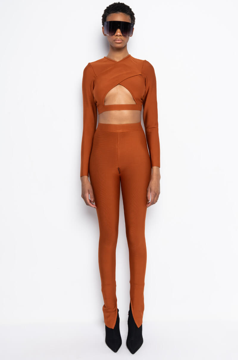 DRINKS ON YOU CUTOUT LONG SLEEVE BANDAGE TOP