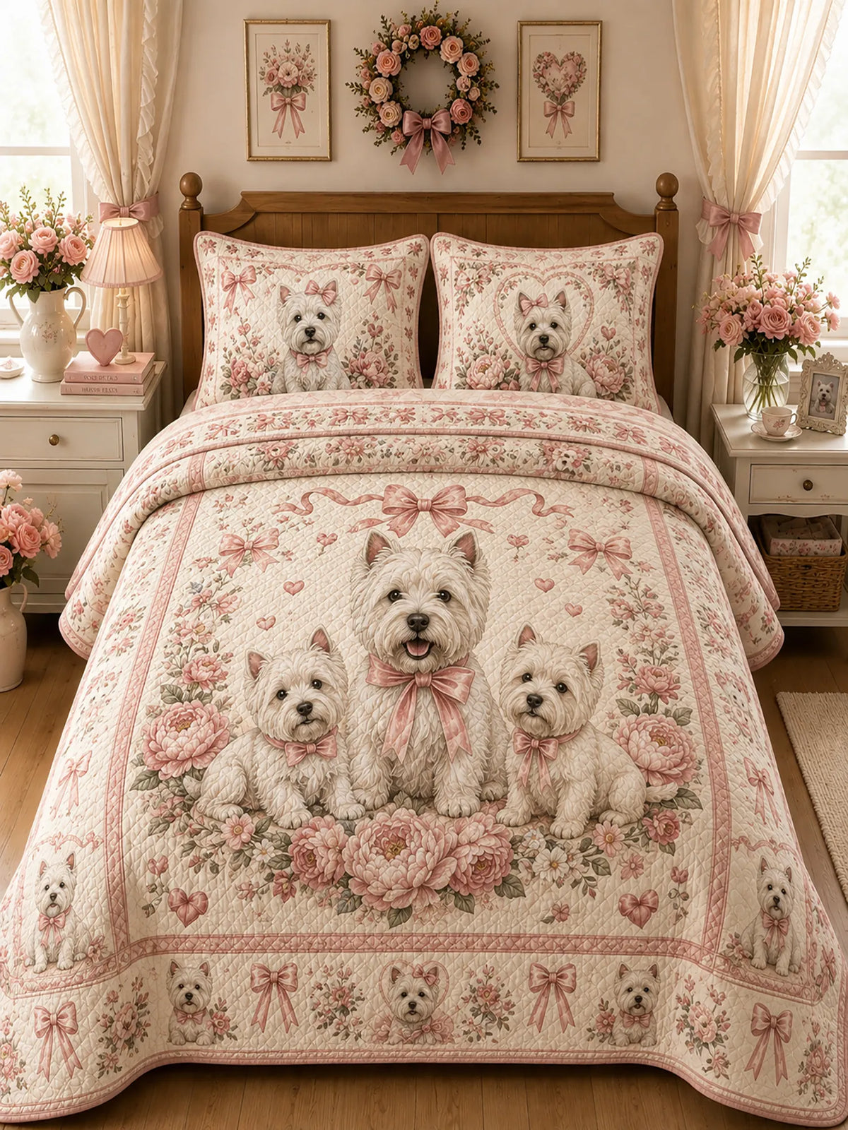 Garden Westie Family Bloom 3‐Piece Quilted Bedding Set